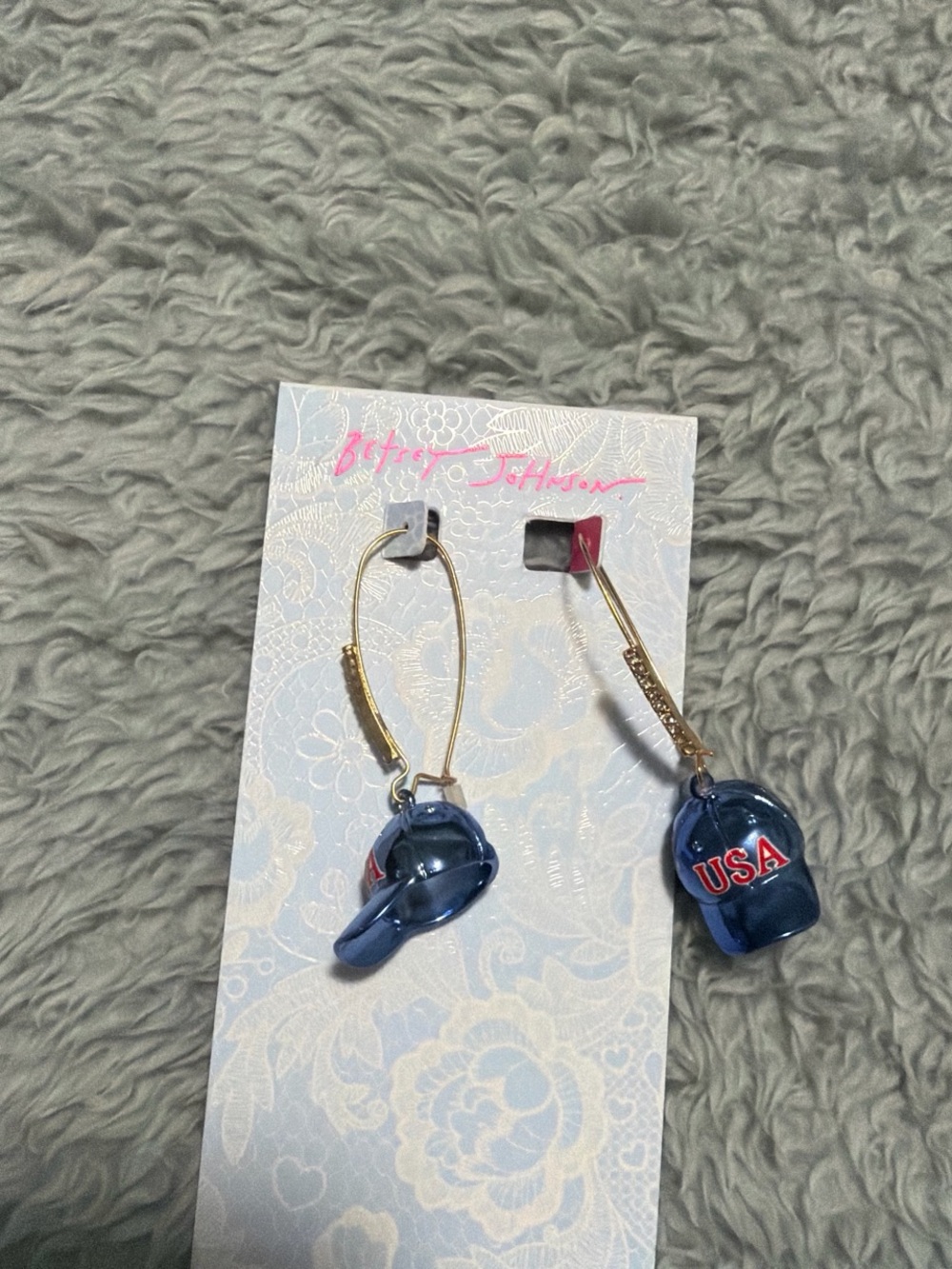Betsey Johnson Metallic Blue Baseball Cap Hoop Earrings - Picture 3 of 3